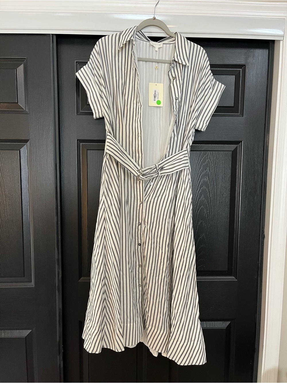 entro Black and White Striped Midi Shirt Dress with Belt